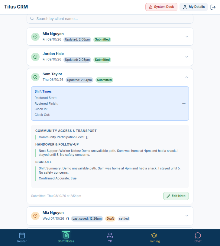 Shift Notes list in the Youth worker app with Sam Taylor's note shown as Submitted on Thu 08/10/26