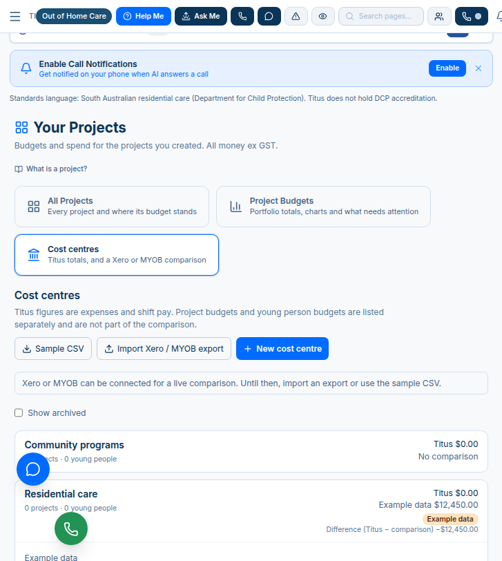Cost centres page with Sample CSV, Import Xero / MYOB export and New cost centre buttons, and Residential care showing Example data