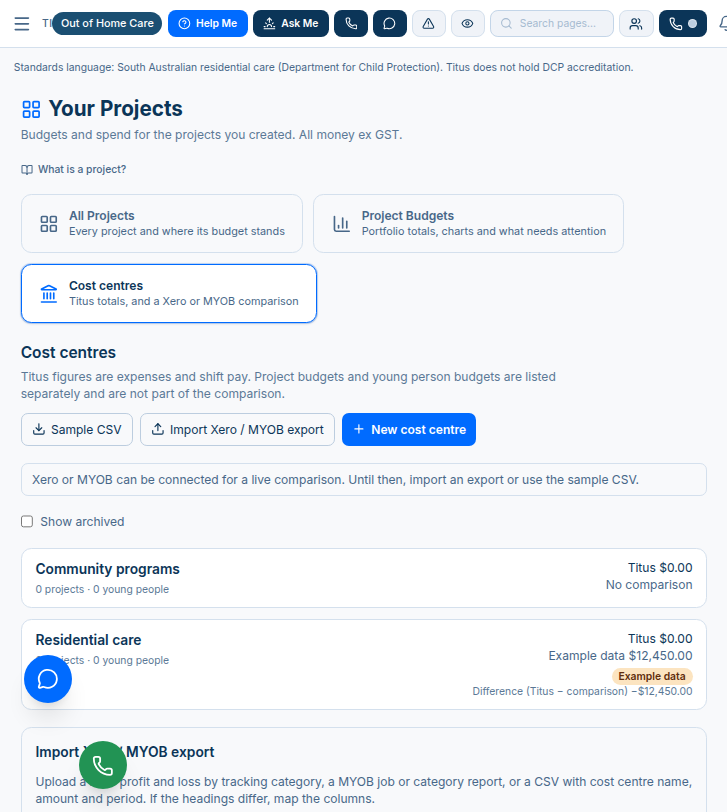 Import Xero / MYOB export panel opening at the bottom of the cost centres page