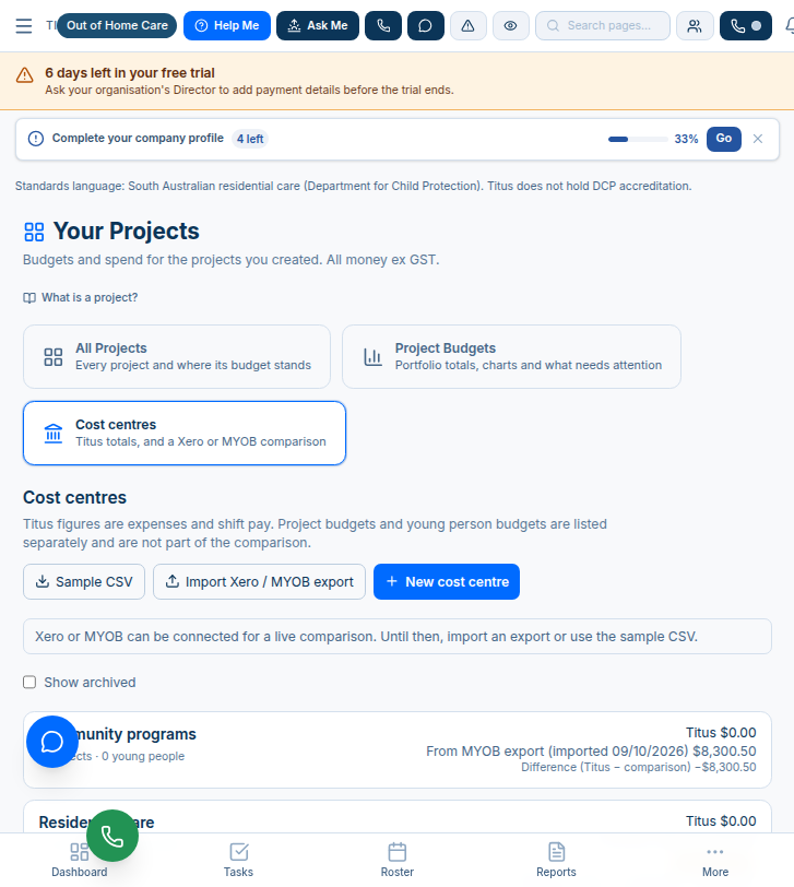 Community programs row showing From MYOB export (imported 09/10/2026) $8,300.50