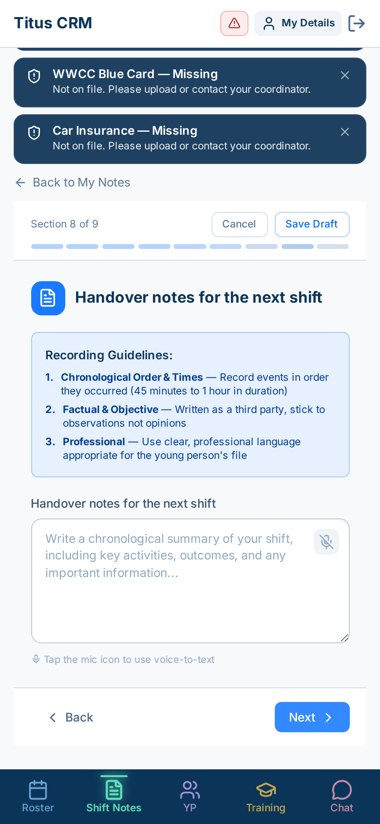 Shift Note section 8 of 9 titled Handover notes for the next shift, with recording guidelines and a text box