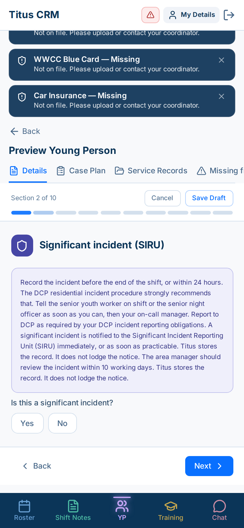 Incident form, Significant incident section, with guidance that includes Report to DCP as required by your DCP incident reporting obligations