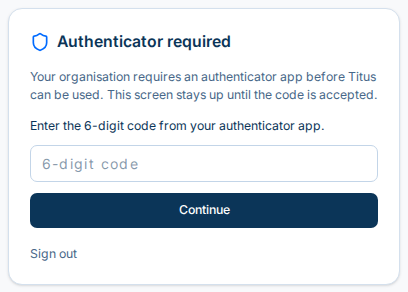 Authenticator required screen asking for the 6-digit code from the authenticator app, with a Continue button