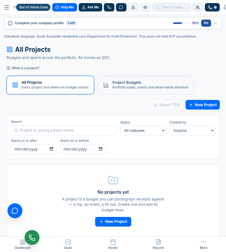 Another organisation's All Projects page with only All Projects and Project Budgets cards