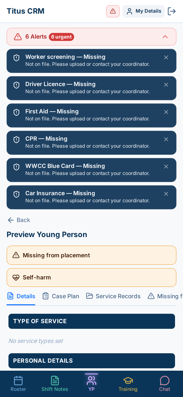 Young person page in the Youth worker app with Missing from placement and Self-harm buttons above the Details tab