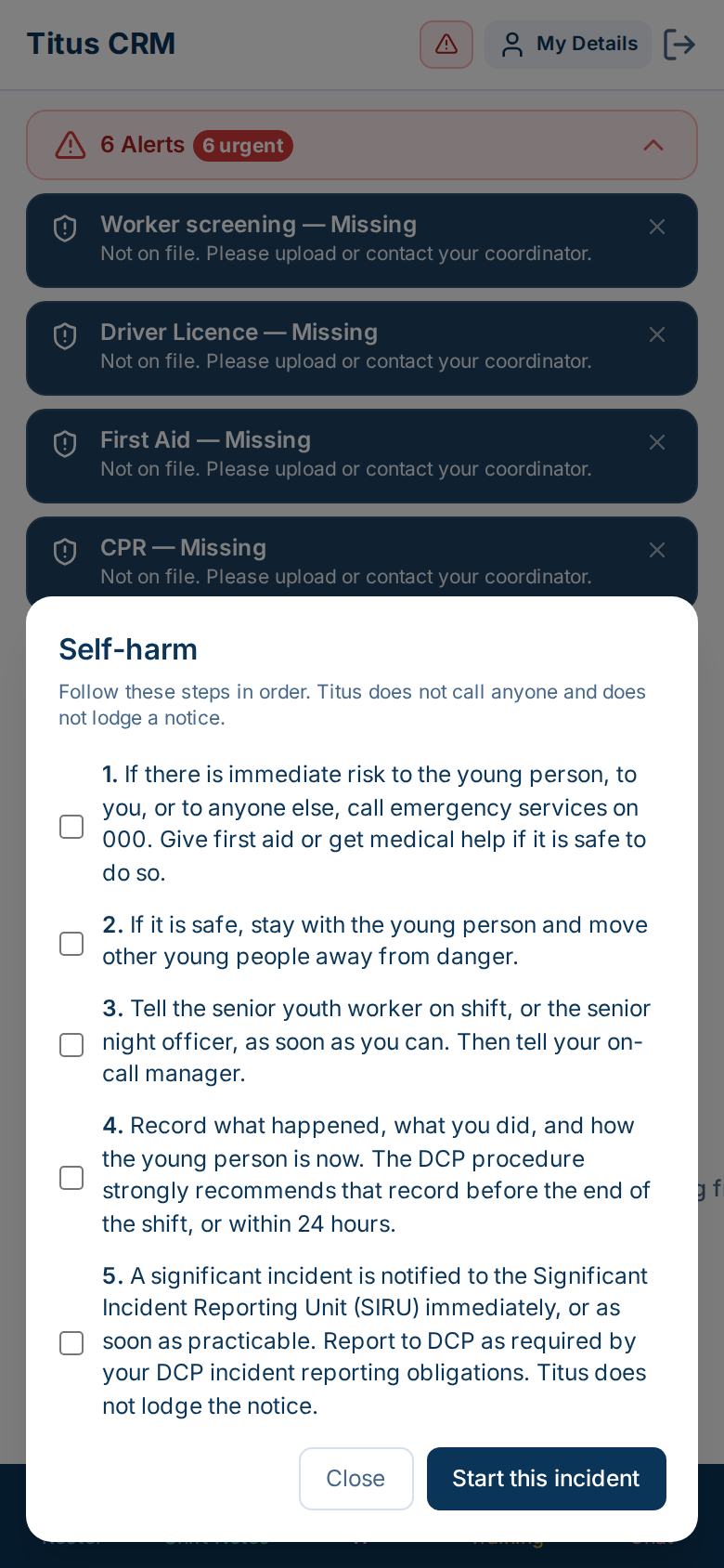 Self-harm checklist with five steps and Close and Start this incident buttons