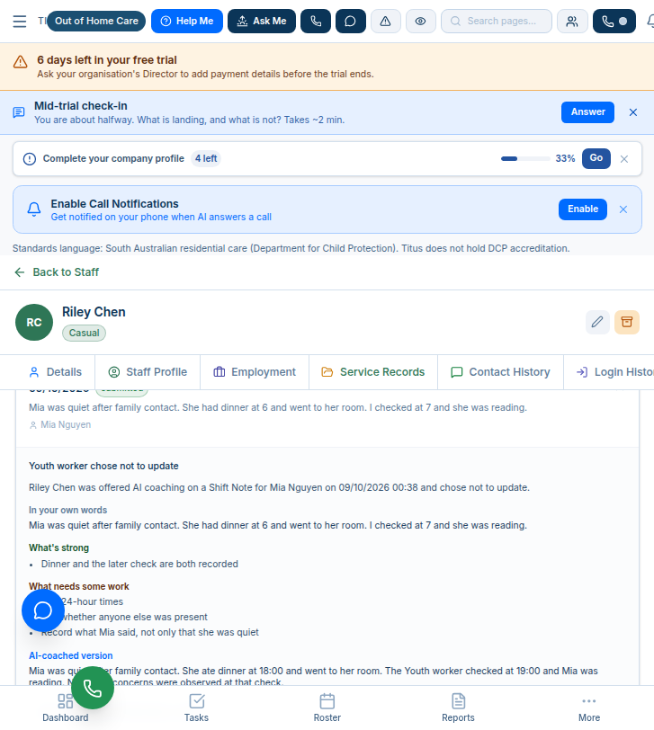 Shift note history showing Youth worker chose not to update, with own words, feedback and AI-coached version
